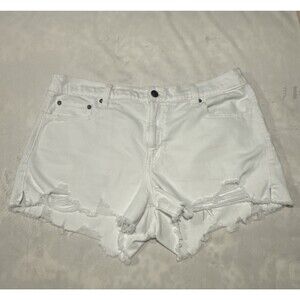 Aerie White Distressed Cut Off Denim Shorts‎ Cotton Blend Elastic Waist Large